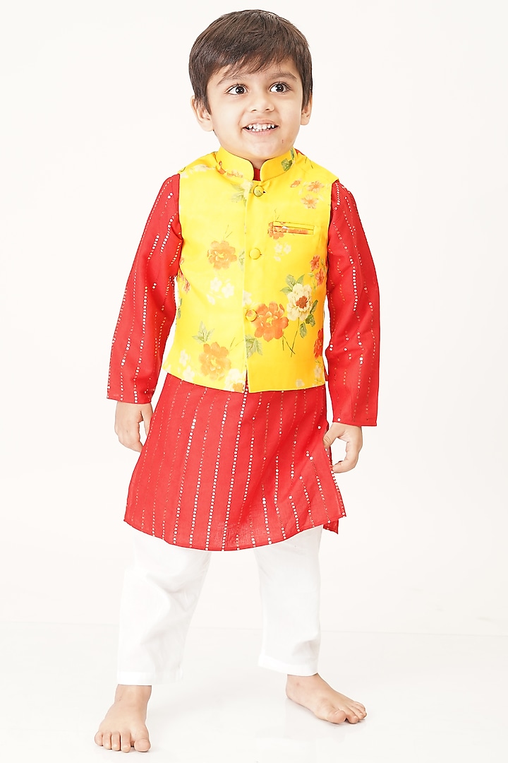 Yellow Floral Printed Nehru Jacket With Kurta Set For Boys by TinyPants