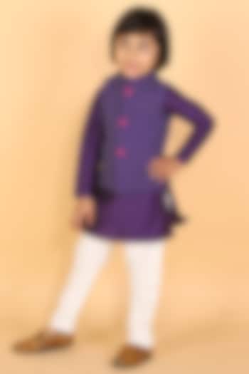 Purple Kurta Set With Printed Nehru Jacket For Boys by TinyPants
