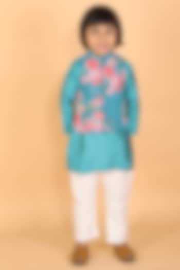 Teal Blue Printed Nehru Jacket With Kurta Set For Boys by TinyPants