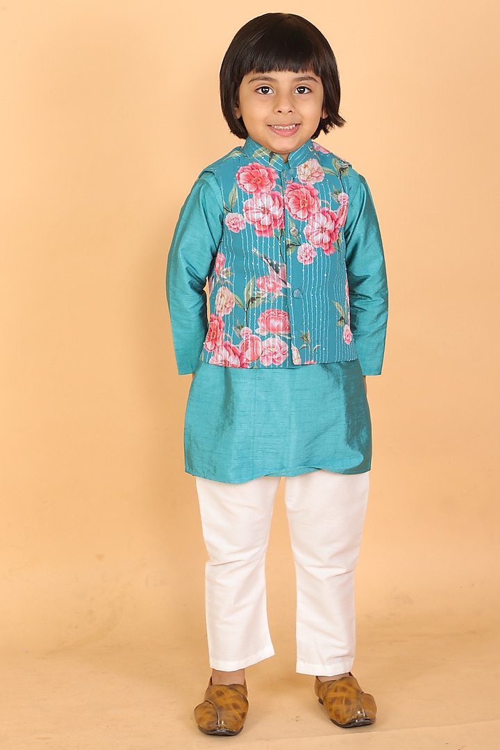 Teal Blue Printed Nehru Jacket With Kurta Set For Boys by TinyPants