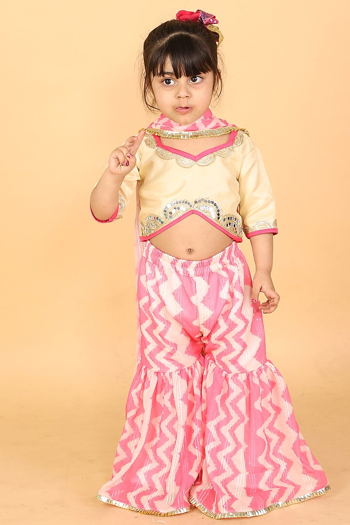 Blush Pink & Off-White Printed Sharara Set For Girls by TinyPants