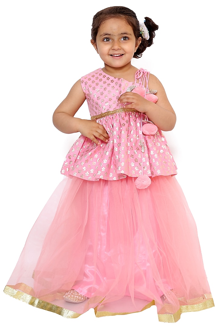 Pink Chanderi Cotton Skirt Set For Girls by TinyPants