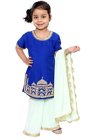 Royal Blue Hand Embroidered Kurta Set For Girls by TinyPants