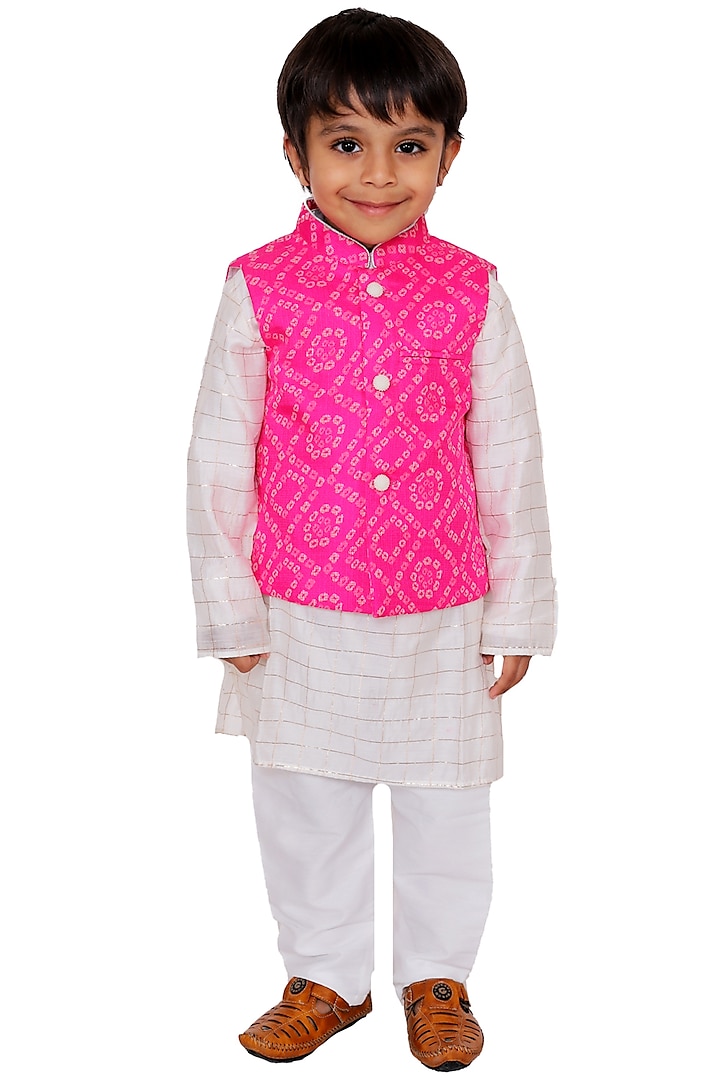 Pink Printed Bundi Jacket Set For Boys by TinyPants