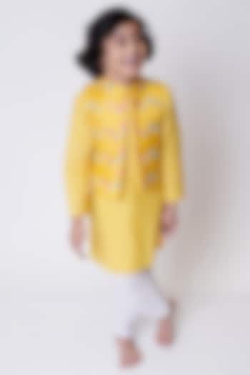 Mustard Embellished Bundi Jacket With Kurta Set For Boys by TinyPants