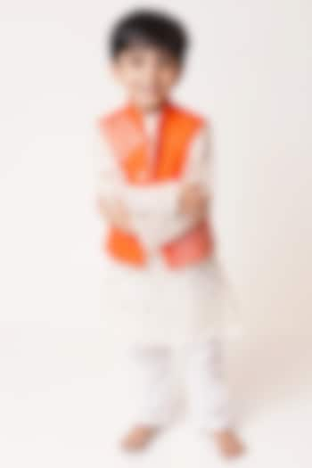 Orange Chanderi Cotton Bundi Jacket With Kurta Set For Boys by TinyPants