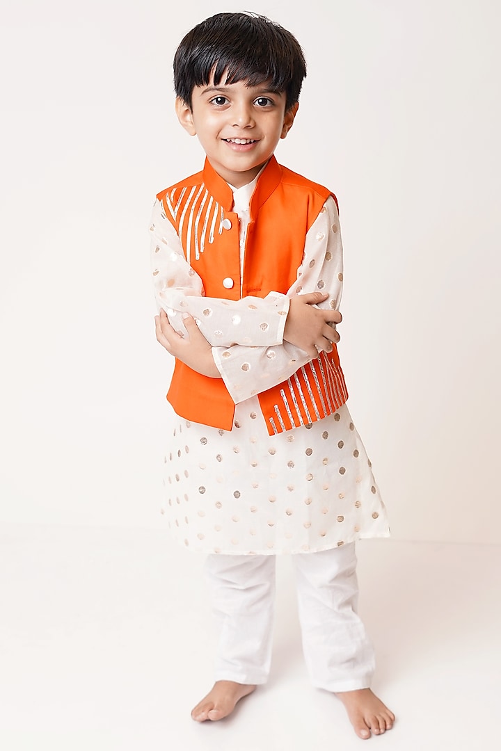 Orange Chanderi Cotton Bundi Jacket With Kurta Set For Boys by TinyPants