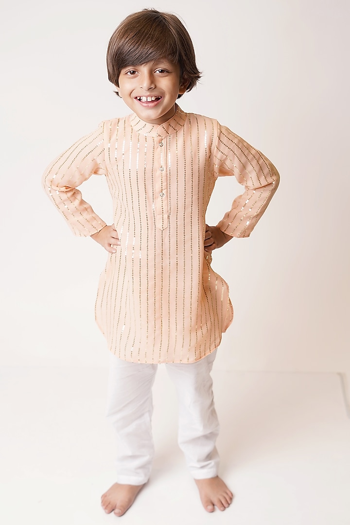 Peach Georgette Kurta Set For Boys by TinyPants at Pernia's Pop Up Shop