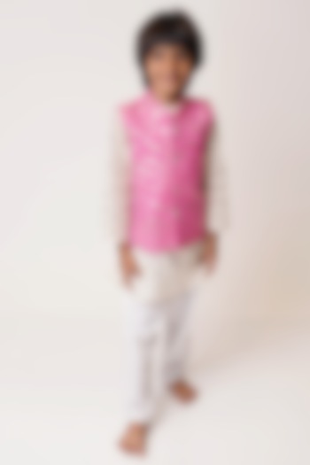 Pink Embellished Bundi Jacket With Kurta Set For Boys by TinyPants