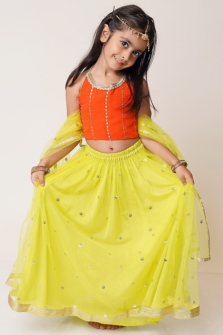 Yellow Georgette & Net Lehenga Set For Girls by TinyPants