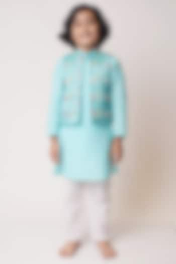 Sky Blue Embellished Bundi Jacket With Kurta Set For Boys by TinyPants at Pernia's Pop Up Shop