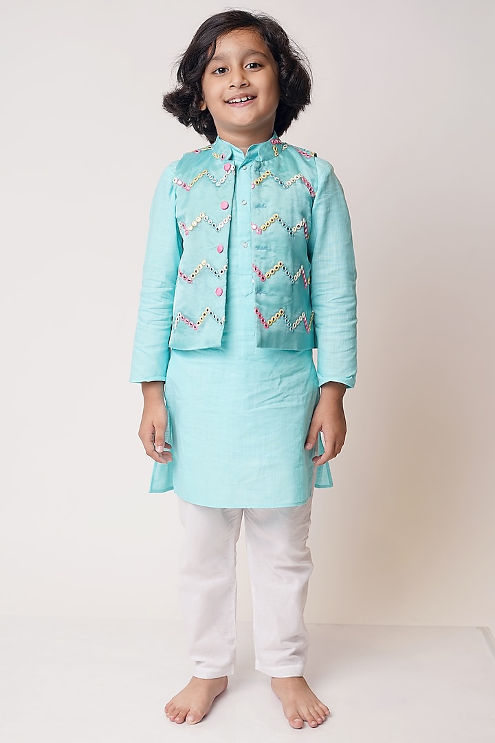 Sky Blue Embellished Bundi Jacket With Kurta Set For Boys by TinyPants at Pernia's Pop Up Shop