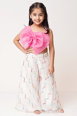 White Organza Palazzo Pant Set For Girls by TinyPants