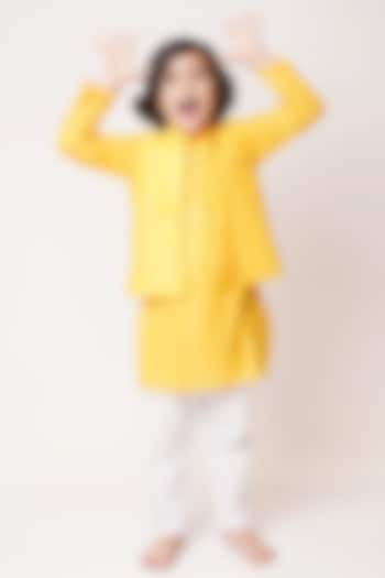 Mustard Yellow Cotton Bundi Jacket With Kurta Set For Boys by TinyPants