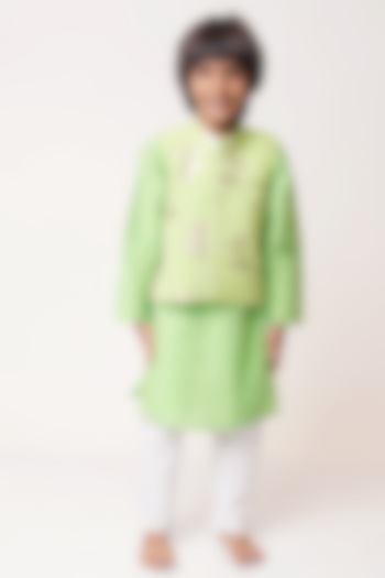 Green Embellished Bundi Jacket With Kurta Set For Boys by TinyPants
