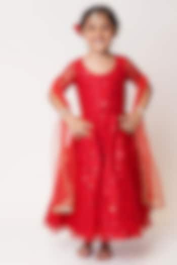 Red Embroidered Anarkali Set For Girls by TinyPants