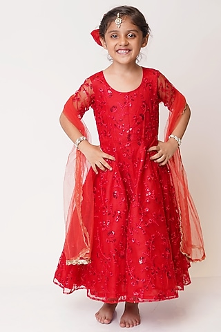 Red Embroidered Anarkali Set For Girls by TinyPants