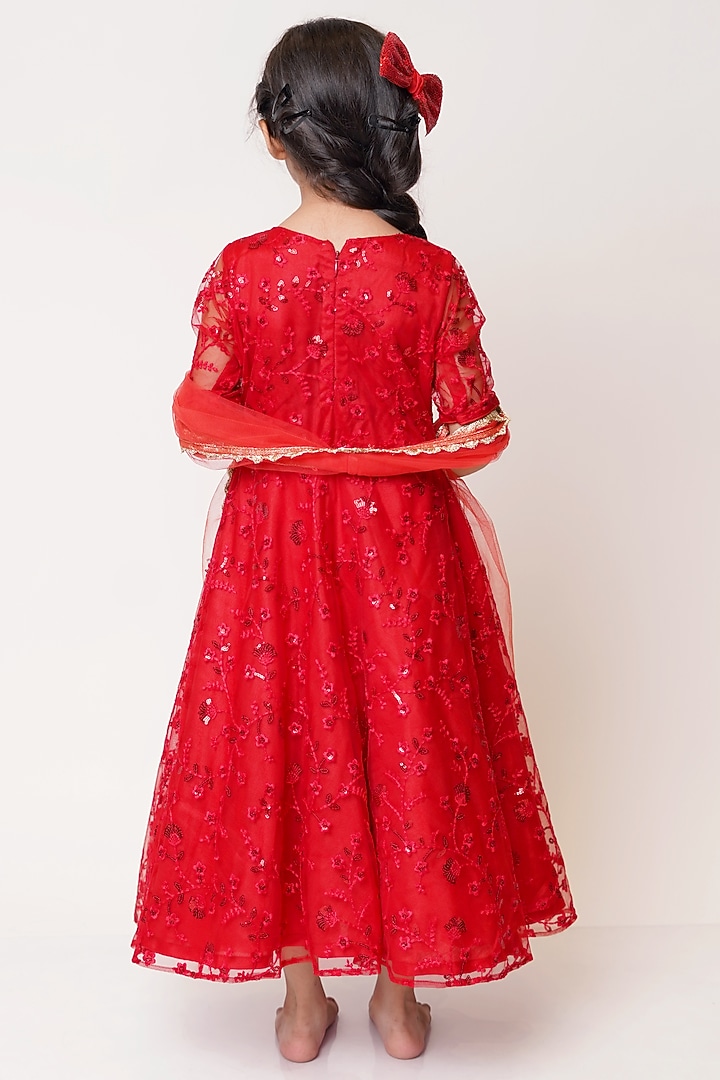 Red Embroidered Anarkali Set For Girls by TinyPants at Pernia's Pop Up Shop