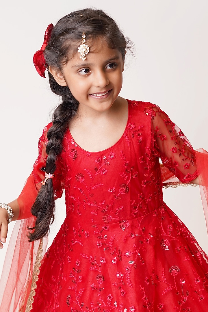 Red Embroidered Anarkali Set For Girls by TinyPants at Pernia's Pop Up Shop
