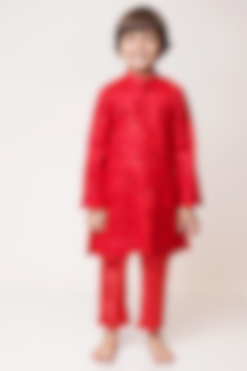 Red Self Embroidered Sherwani Set For Boys by TinyPants