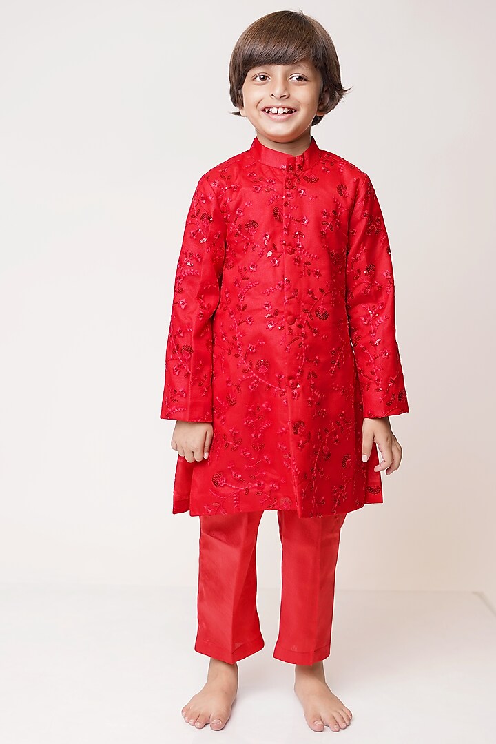 Red Self Embroidered Sherwani Set For Boys by TinyPants