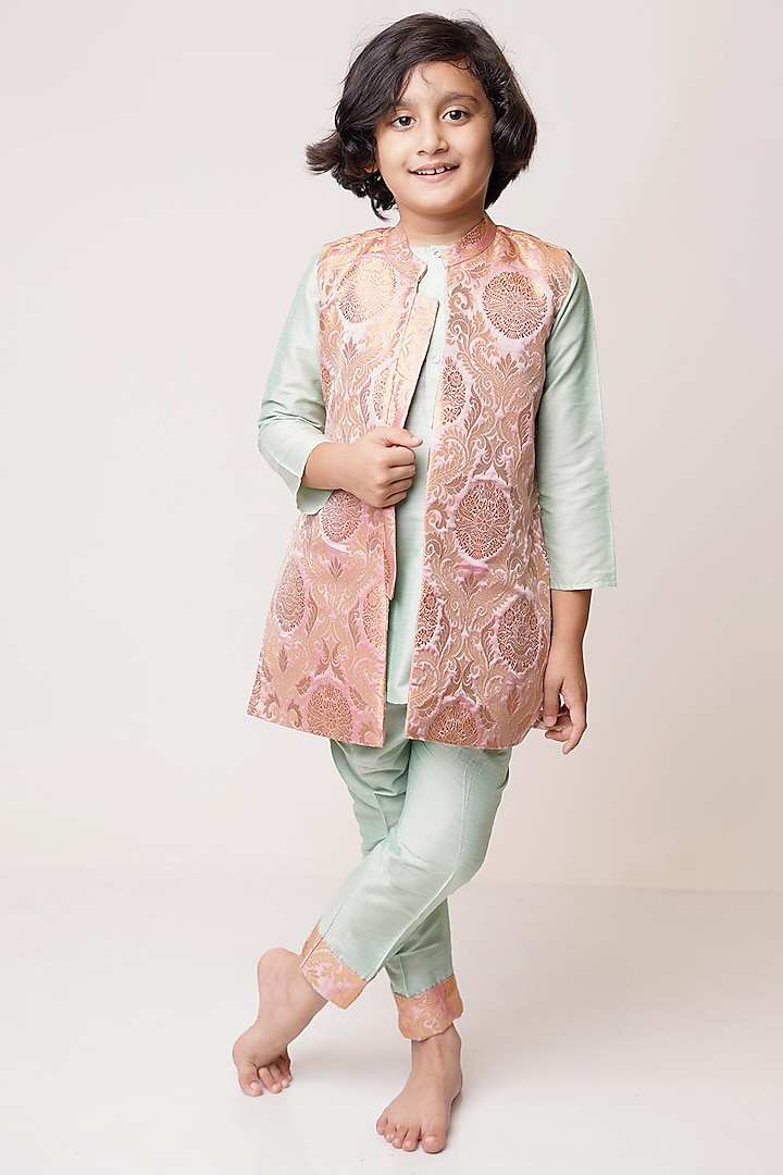 Pink Banarasi Sherwani Set For Boys by TinyPants