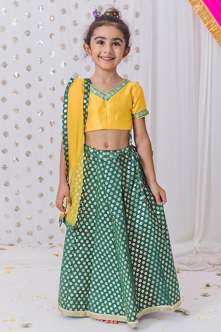 Dark Green Chanderi Lehenga Set For Girls by TinyPants at Pernia's Pop Up Shop