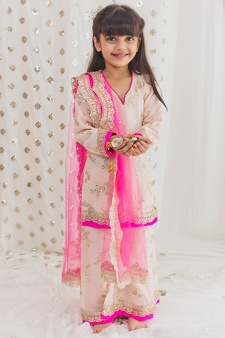 Pastel Pink Georgette Sharara Set For Girls by TinyPants