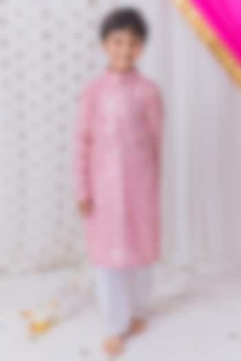 Blush Pink Georgette Hand Embroidered Kurta Set For Boys by TinyPants