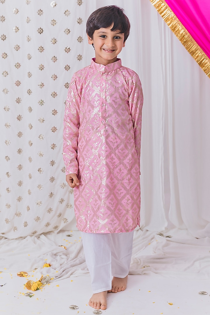 Blush Pink Georgette Hand Embroidered Kurta Set For Boys by TinyPants