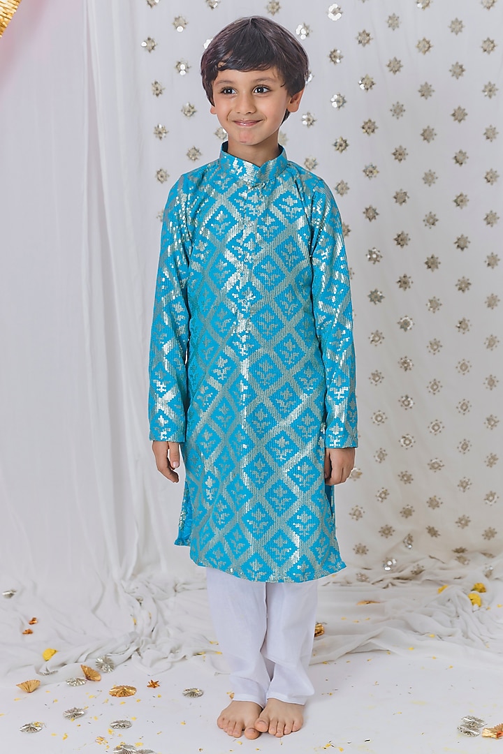 Blue Georgette Hand Embroidered Kurta Set For Boys by TinyPants