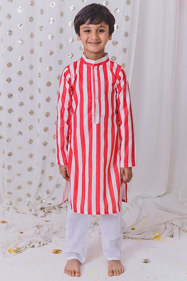 Red & White Cotton Hand Embroidered Striped Kurta Set For Boys by TinyPants