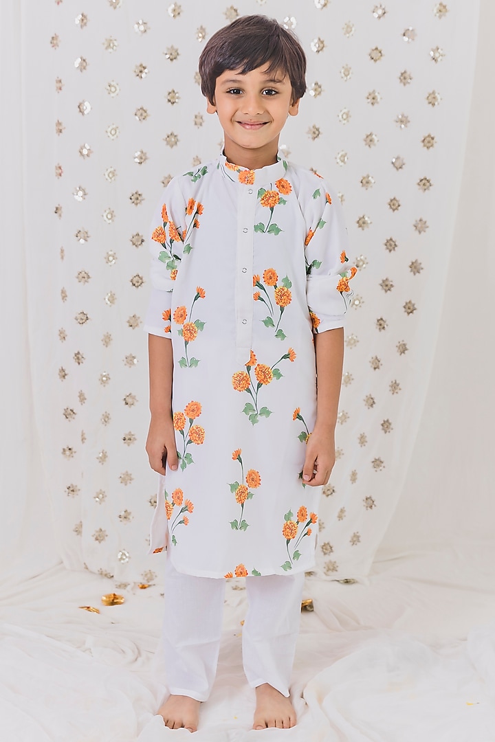 White Georgette Hand Embroidered Kurta Set For Boys by TinyPants