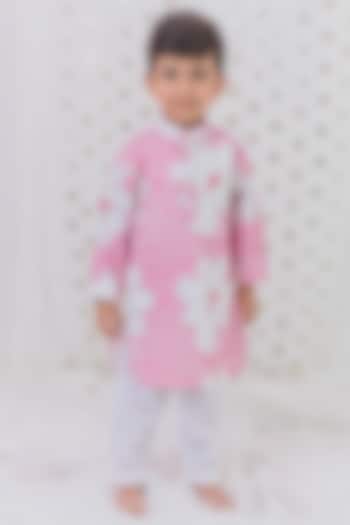 Pink & White Georgette Hand Embroidered Kurta Set For Boys by TinyPants