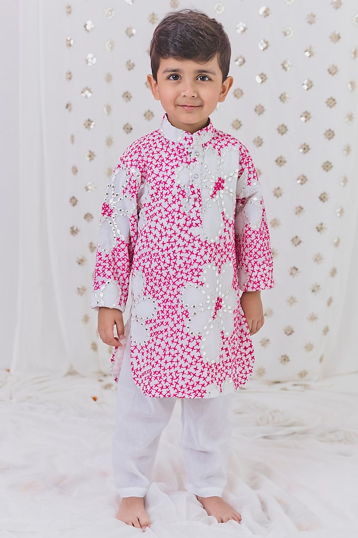 Pink & White Georgette Hand Embroidered Kurta Set For Boys by TinyPants