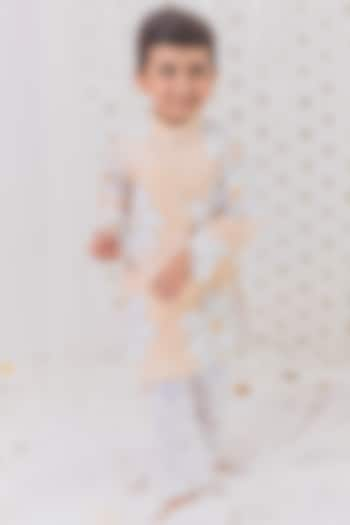 Yellow & White Georgette Hand Embroidered Kurta Set For Boys by TinyPants