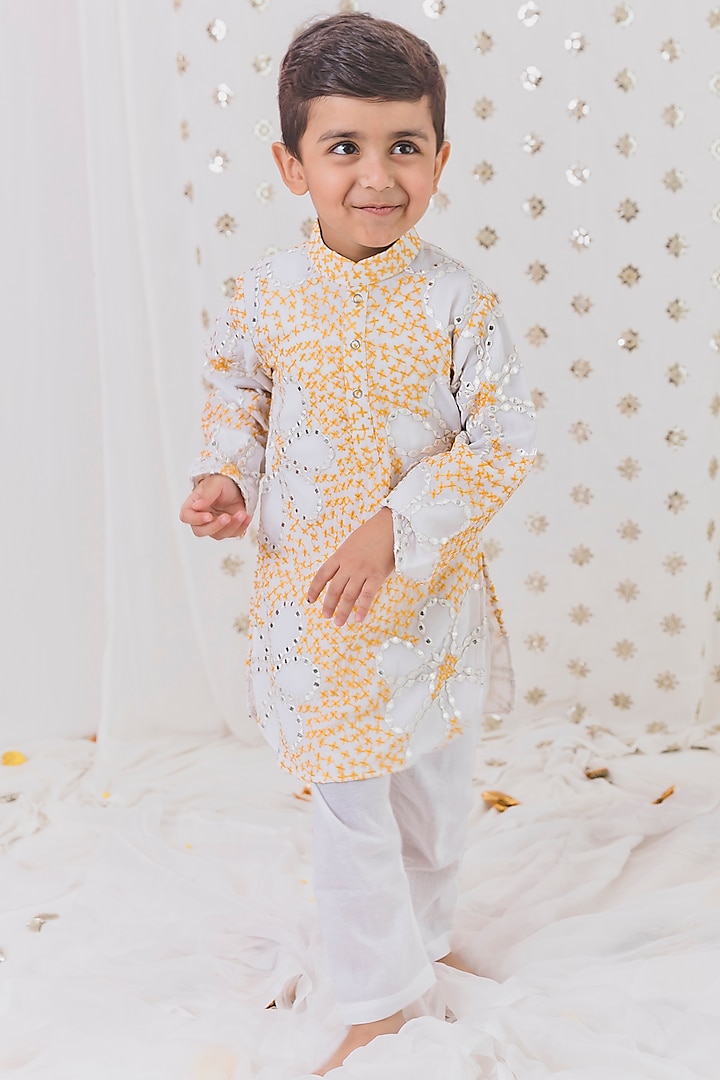 Yellow & White Georgette Hand Embroidered Kurta Set For Boys by TinyPants