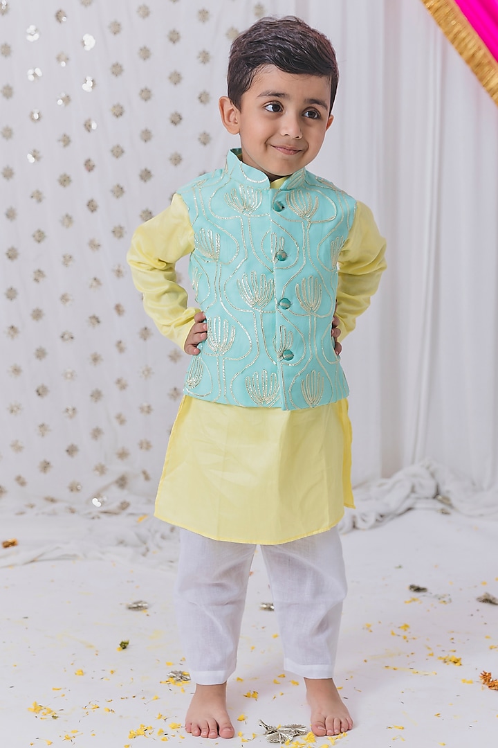 Sea Green Georgette Gota Hand Embroidered Nehru Jacket Set For Boys by TinyPants
