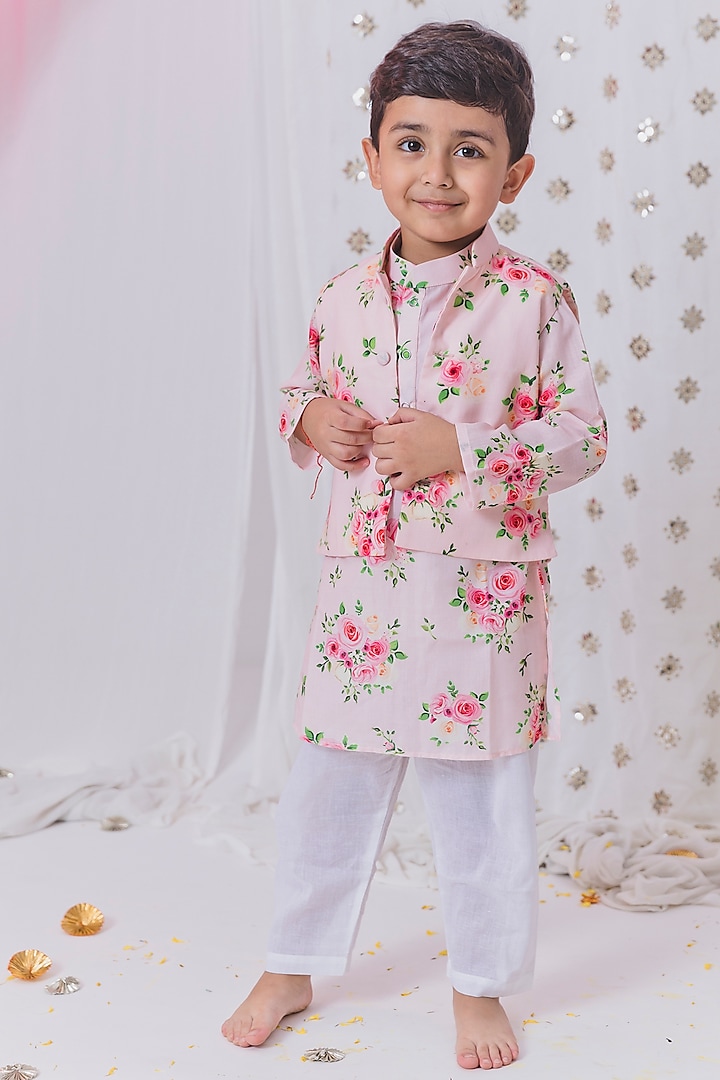 Pink Cotton Floral Hand Embroidered Nehru Jacket Set For Boys by TinyPants