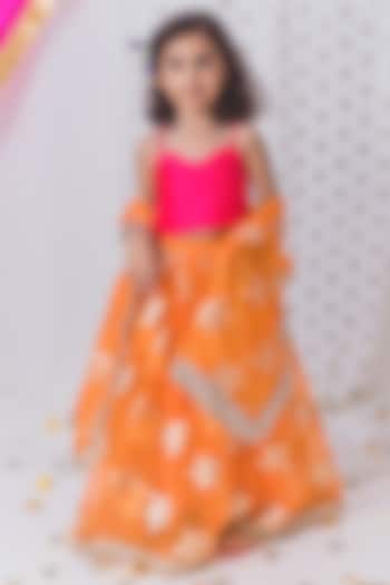 Orange Organza Hand Embroidered Lehenga Set For Girls by TinyPants