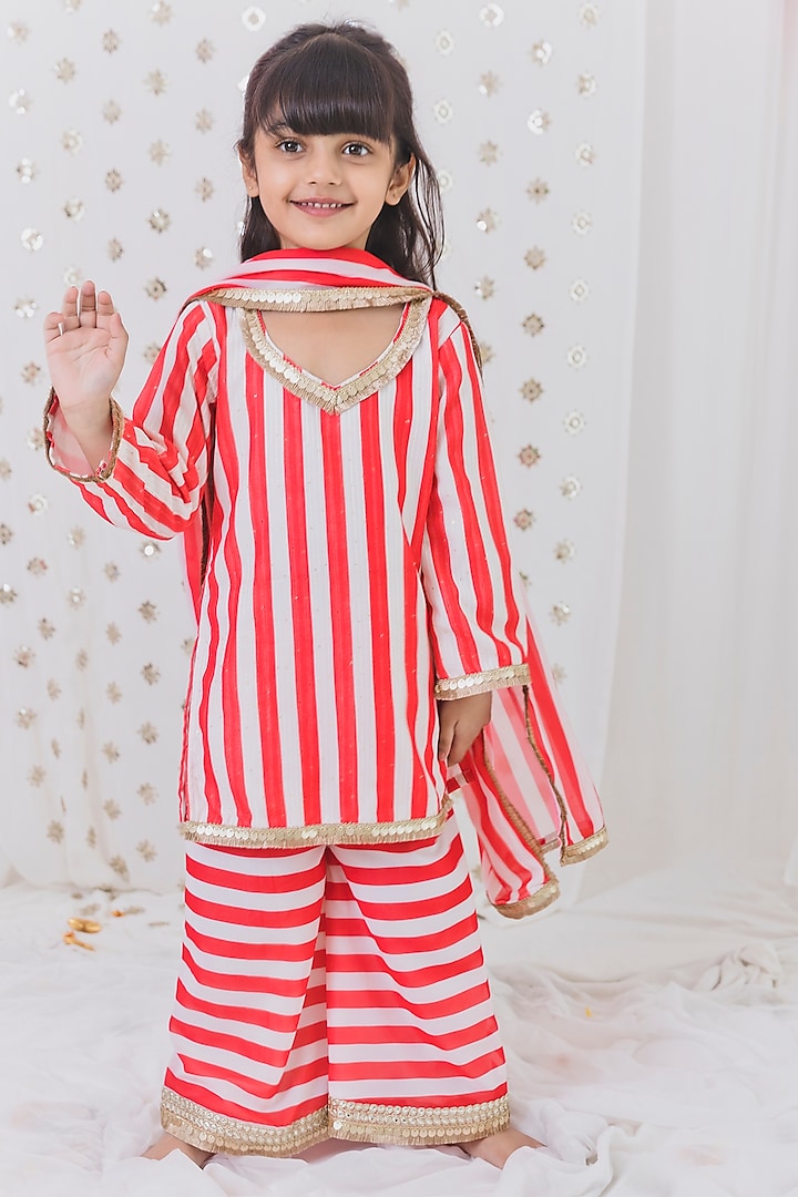 Red & White Georgette Sharara Set For Girls by TinyPants