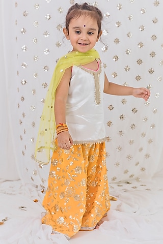 Mustard Cotton Silk Sharara Set For Girls by TinyPants