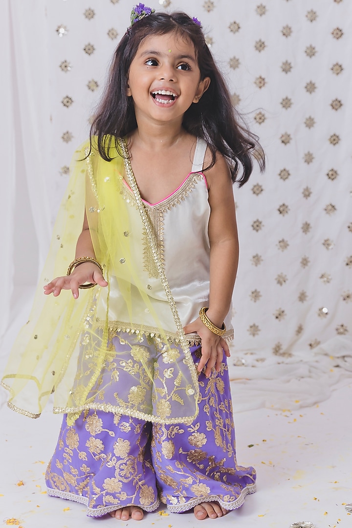 Purple Cotton Silk Sharara Set For Girls by TinyPants at Pernia's Pop Up Shop