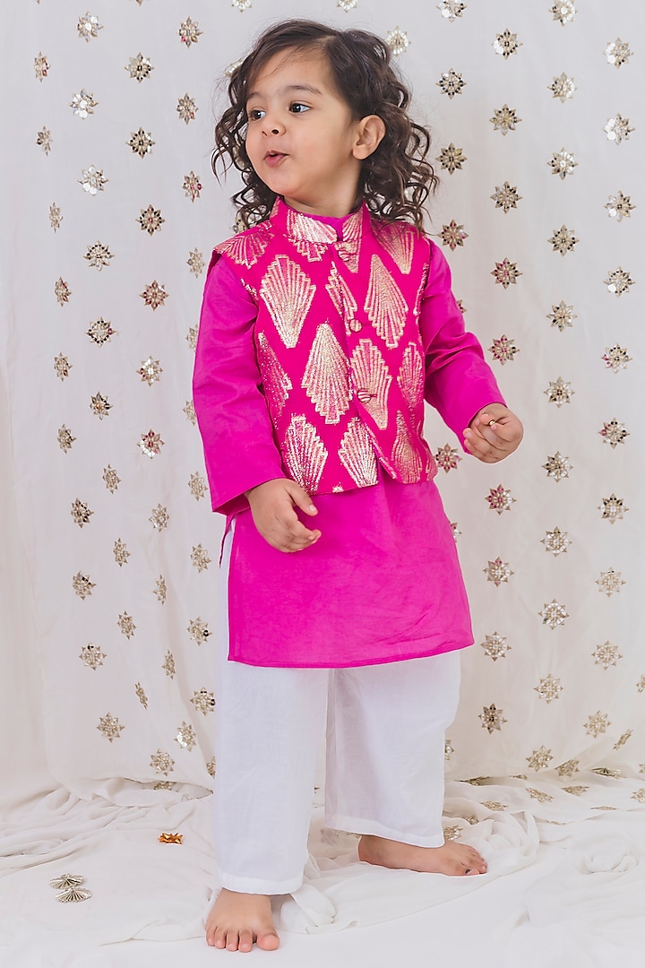 Pink Georgette Zari Embroidered Jacquard Nehru Jacket Set For Boys by TinyPants