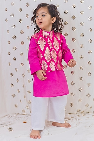 Pink Georgette Zari Embroidered Jacquard Nehru Jacket Set For Boys by TinyPants