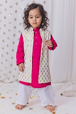 Pink Cotton Zari Embroidered Long Jacket Set For Boys by TinyPants