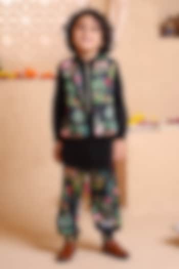 Black Modal Satin Printed Nehru Jacket Set For Boys by Tiny Town Studio at Pernia's Pop Up Shop