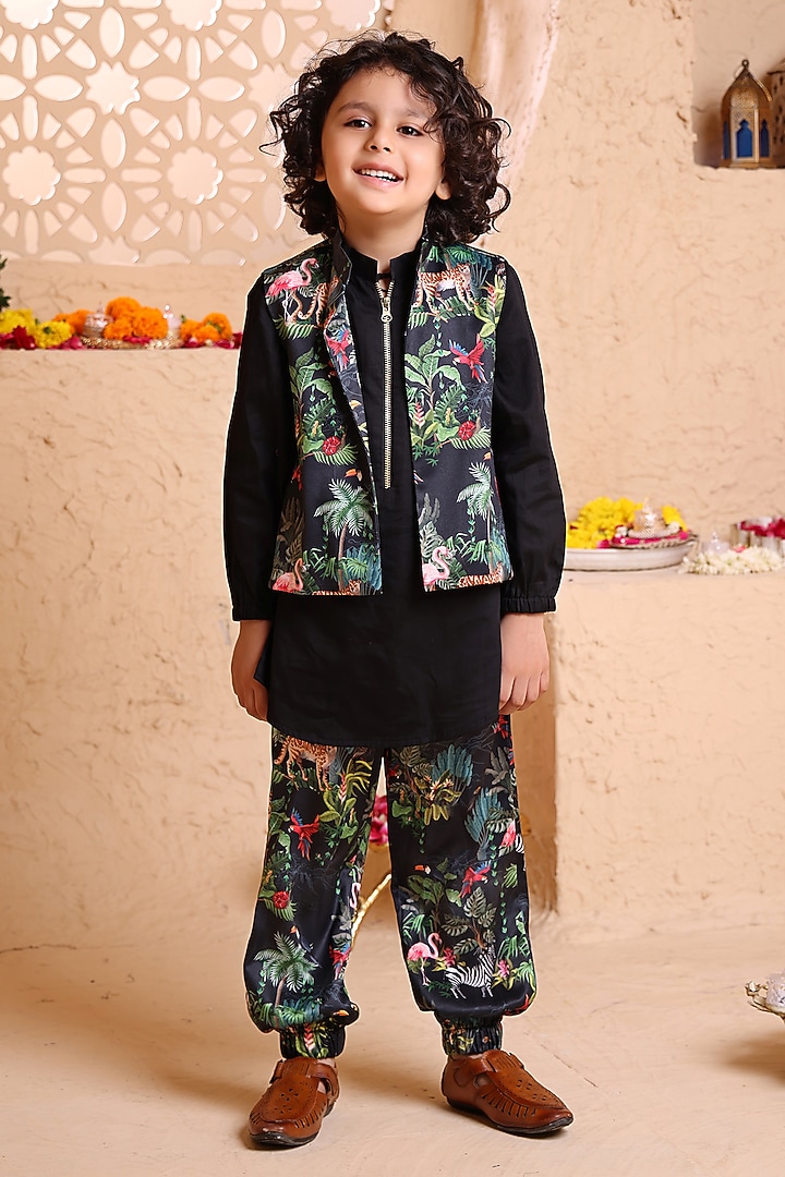Black Modal Satin Printed Nehru Jacket Set For Boys by Tiny Town Studio at Pernia's Pop Up Shop