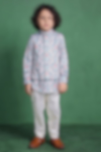 White Modal Satin Printed Nehru Jacket Set For Boys by Tiny Town Studio at Pernia's Pop Up Shop