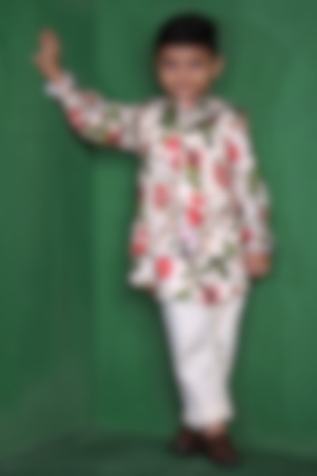 Cream Modal Satin Printed Nehru Jacket Set For Boys by Tiny Town Studio at Pernia's Pop Up Shop